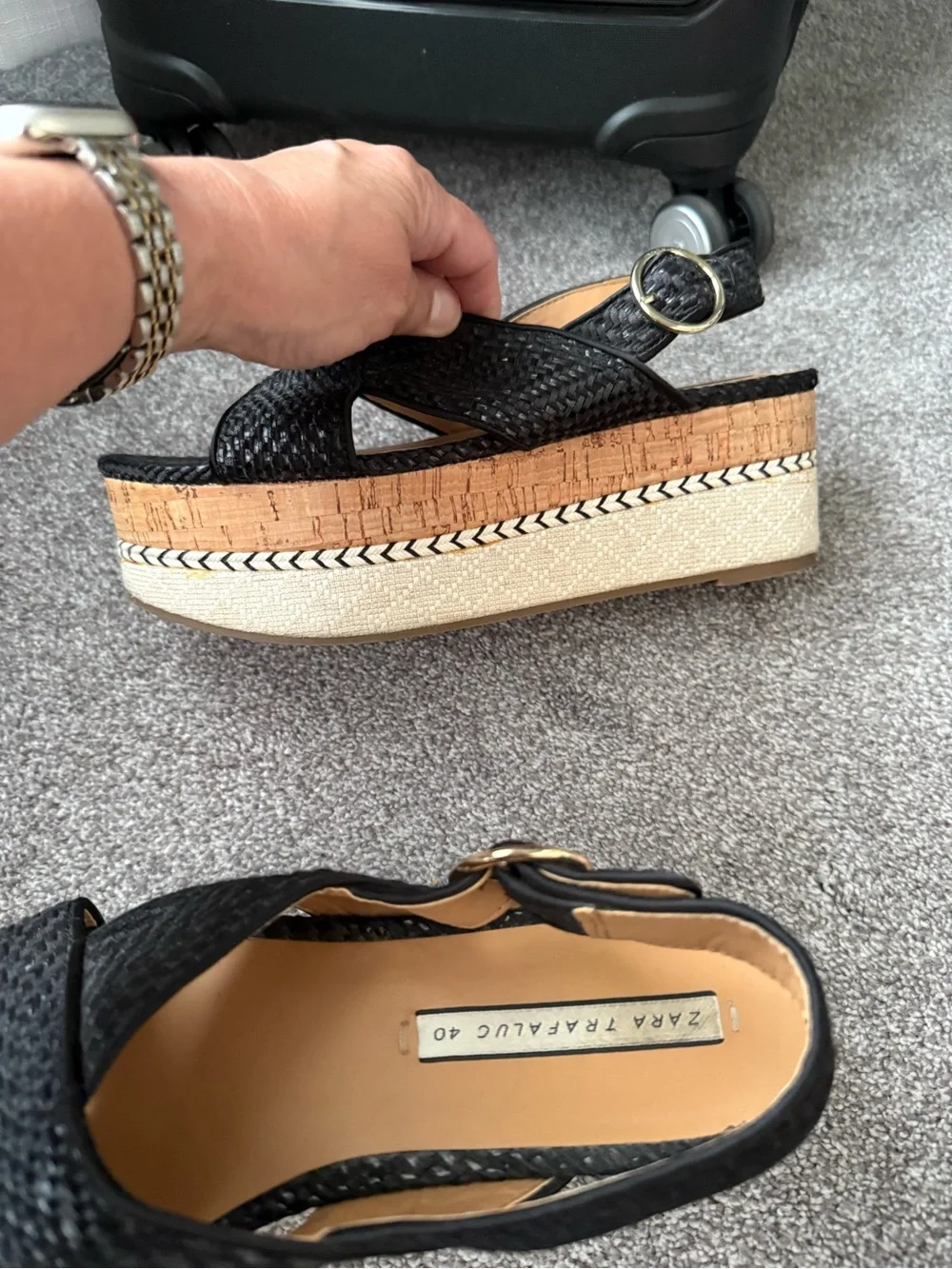 Zara Black Woven Cork Platform Wedges